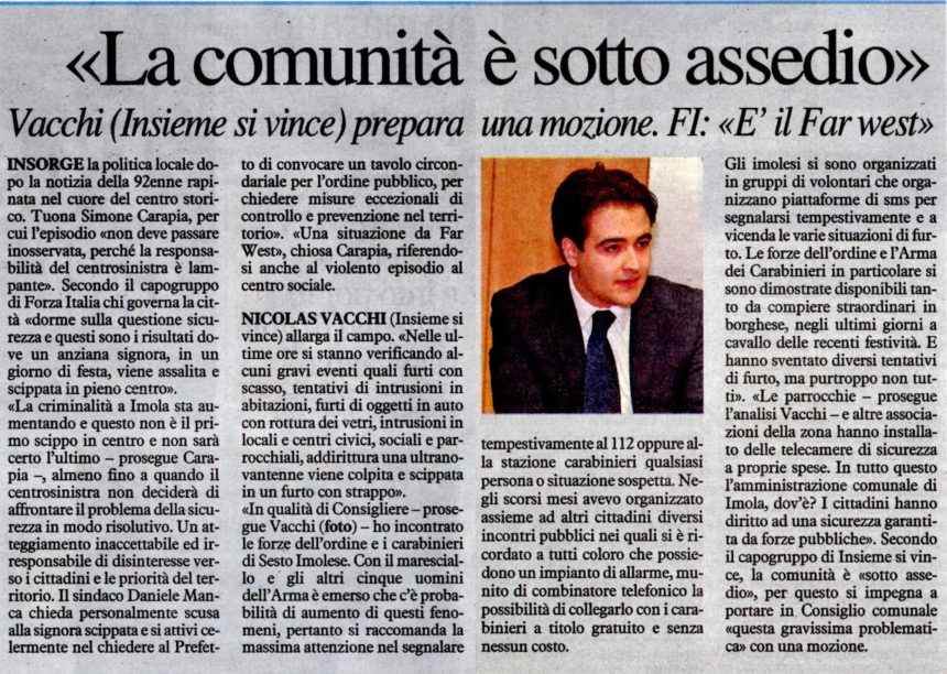 SICUREZZA, NICOLAS VACCHI (ISV): IMOLESI SOTTO ASSEDIO