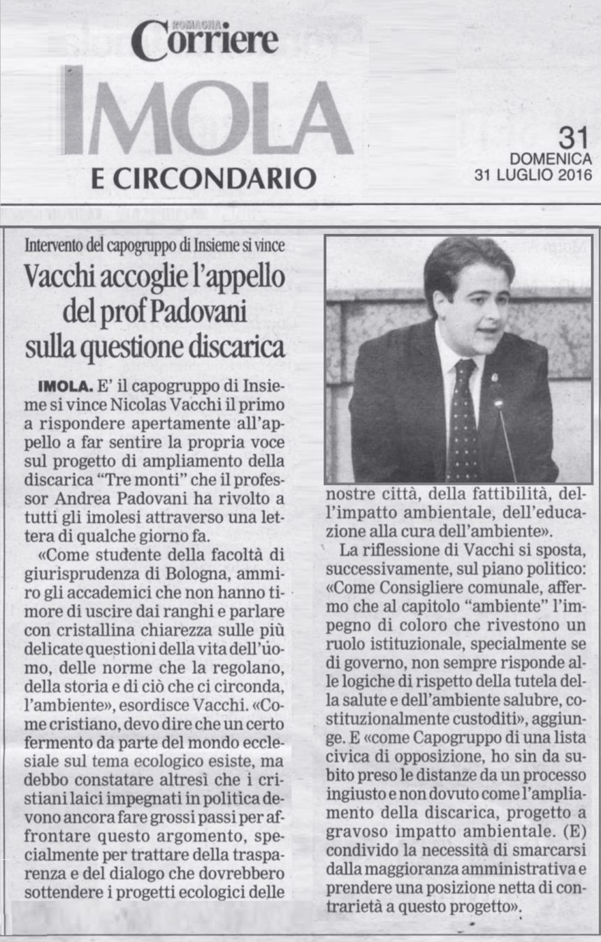 NICOLAS VACCHI (ISV) SCRIVE AL PROF. PADOVANI SU AMBIENTE E DISCARICA: “INSIEME SAPREMO FARCI ASCOLTARE”