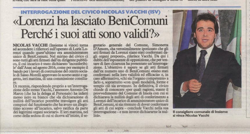 NICOLAS VACCHI (ISV) CHIEDE CHIAREZZA SU BENI COMUNI