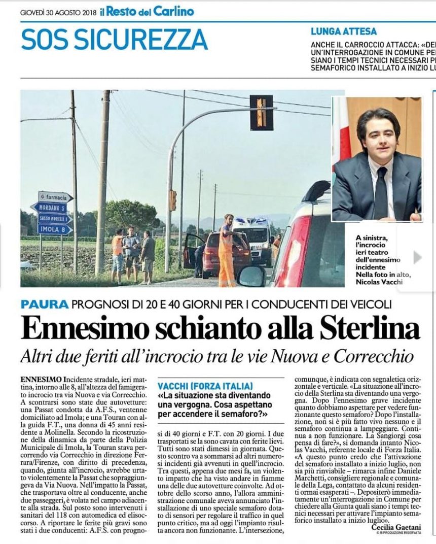 NICOLAS VACCHI (FORZA ITALIA): INCIDENTE ALLA STERLINA, IL SINDACO SI MUOVA AD ATTIVARE IL SEMAFORO