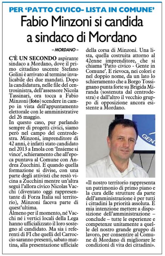 Fabio Minzoni si candida a sindaco di Mordano