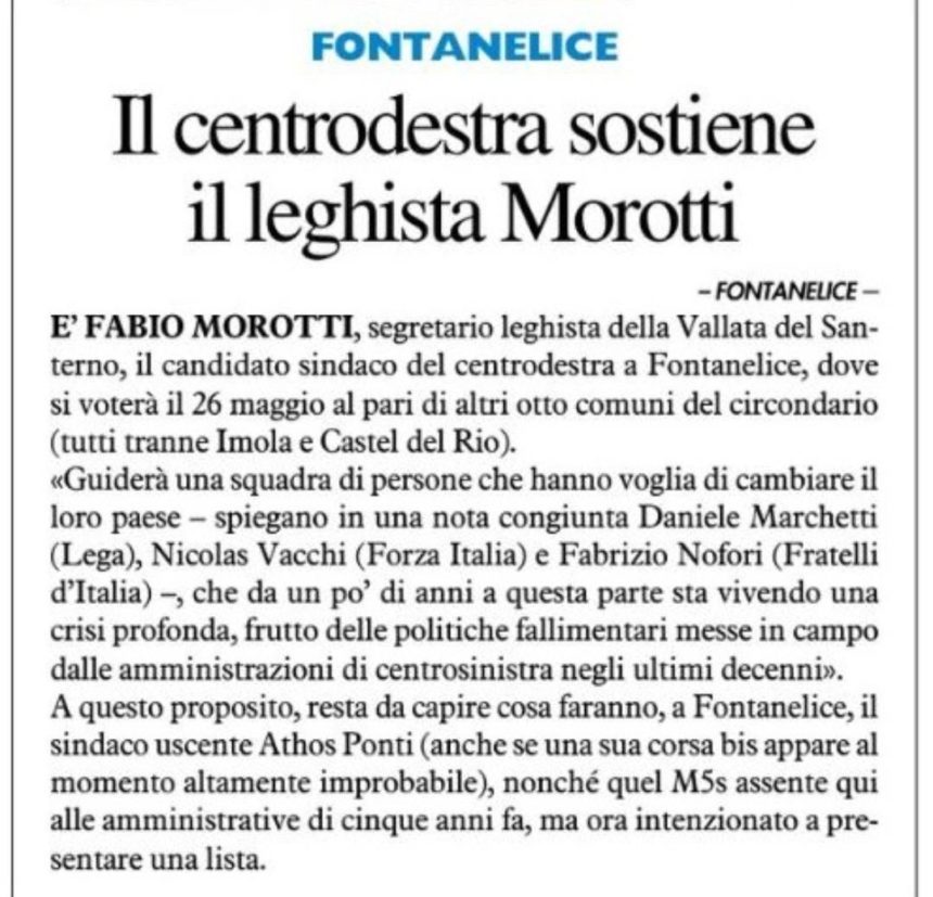 Il centrodestra sostiene il leghista Morotti