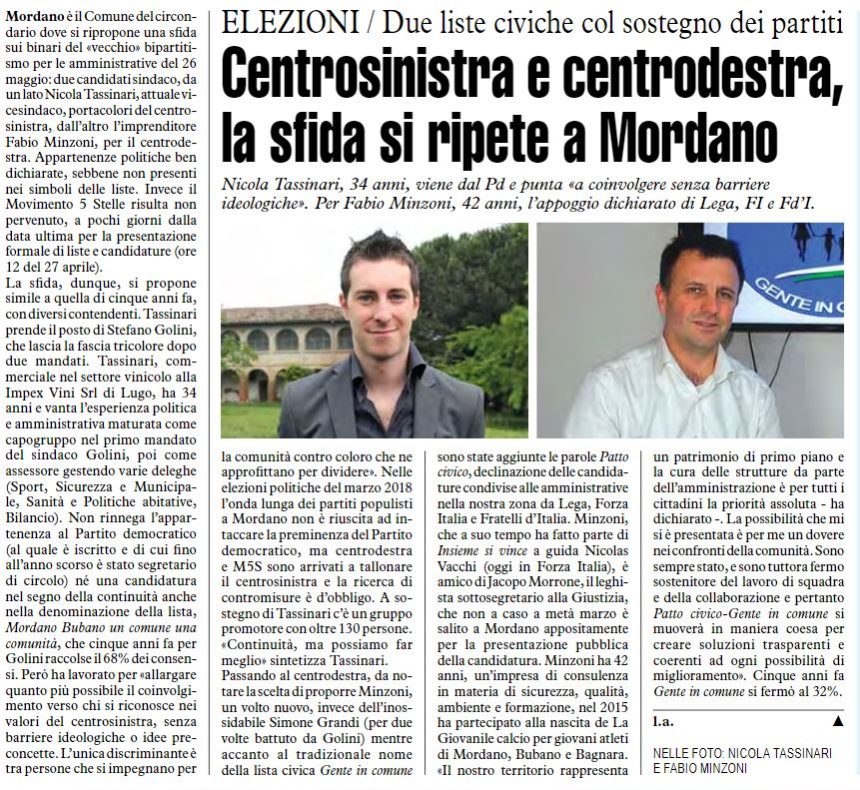 Centrosinistra e centrodestra, la sfida si ripete a Mordano Centrosinistra e centrodestra, la sfida si ripete a Mordano