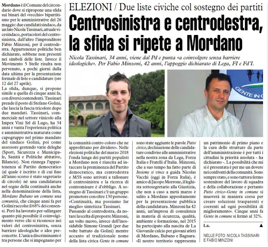 Centrosinistra e centrodestra, la sfida si ripete a Mordano