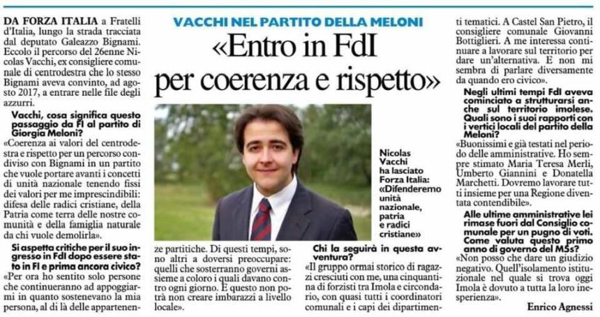 «Entro in FdI per coerenza e rispetto» Vacchi nel partito della Meloni: «Fedele ai valori del centrodestra»