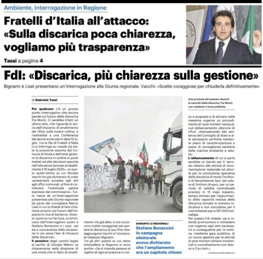 Fratelli d’Italia all’attacco: «Sulla discarica poca chiarezza, vogliamo più trasparenza»