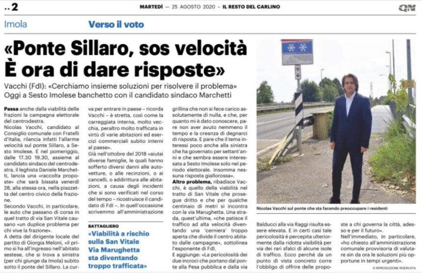 NICOLAS VACCHI FDI: A SESTO IMOLESE ALLARME VELOCITÀ SUL PONTE SILLARO, CERCHIAMO INSIEME SOLUZIONI, RACCOLTA DI PROPOSTE AL BANCHETTO DI SESTO IMOLESE