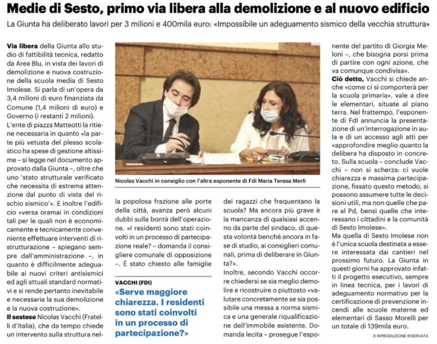 NICOLAS VACCHI (FDI): STUDIO DI FATTIBILITÀ PER DEMOLIRE LA SCUOLA SECONDARIA DI SESTO? IL PD HA CHIESTO AI SESTESI?