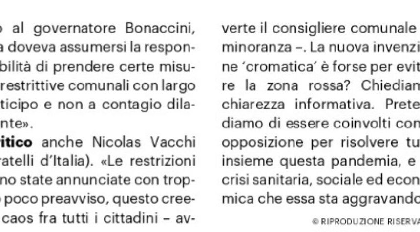 Nicolas Vacchi (Fratelli d’Italia): zona arancione scuro, pretendiamo chiarezza. Nicolas Vacchi (Fratelli d’Italia): zona arancione scuro, pretendiamo chiarezza.