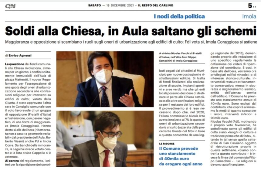 Maggioranza e opposizione si scambiano i ruoli sugli oneri di urbanizzazione agli edifici di culto: FdI vota sì, Imola Coraggiosa si astiene Maggioranza e opposizione si scambiano i ruoli sugli oneri di urbanizzazione agli edifici di culto: FdI vota sì, Imola Coraggiosa si astiene
