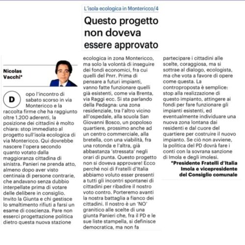 NICOLAS VACCHI (FDI): NO ALLA STAZIONE ECOLOGICA DI VIA MONTERICCO, DOPO LE UNA PARTECIPAZIONE DI MASSA DEI CITTADINI, SI FACCIA UN PASSO INDIETRO SULL’IMPIANTO