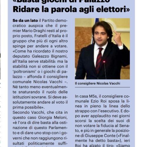 NICOLAS VACCHI (FDI) SULLA CRISI DI GOVERNO, SI TORNI ALLE URNE, LA PAROLA AGLI ITALIANI.