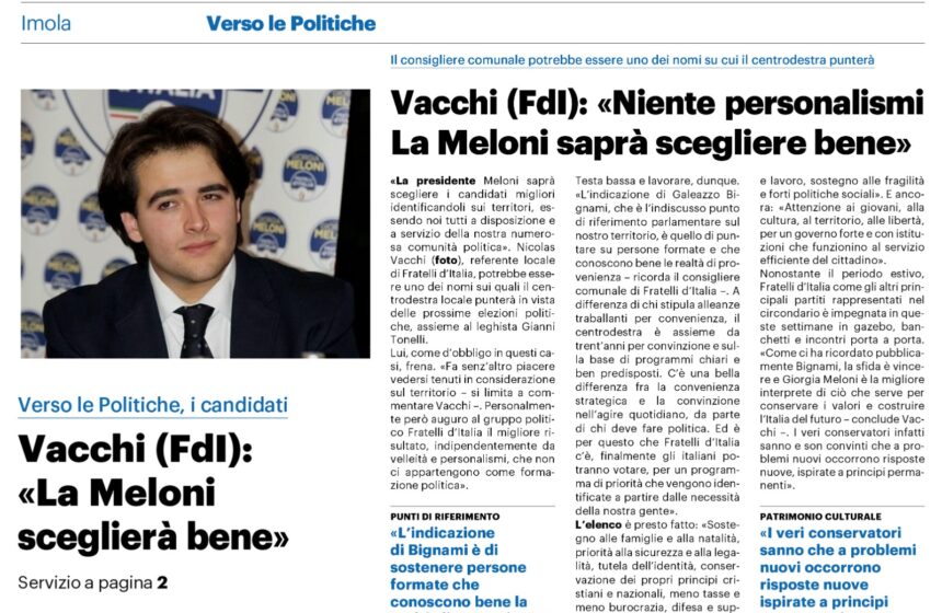 VACCHI (FDI): NIENTE PERSONALISMI, LA MELONI SAPRÀ SCEGLIERE BENE. VACCHI (FDI): NIENTE PERSONALISMI, LA MELONI SAPRÀ SCEGLIERE BENE.