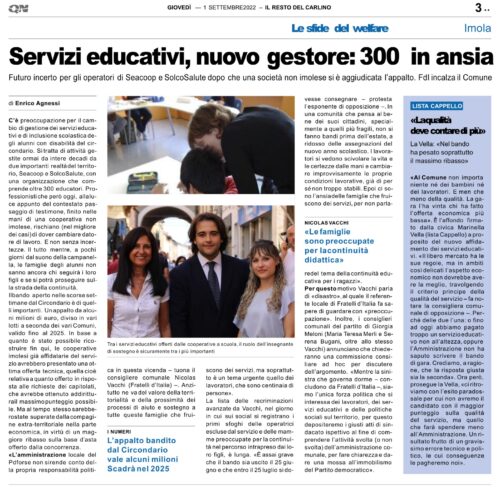 NICOLAS VACCHI (FDI): Servizi educativi, nuovo gestore: 300 in ansia. Futuro incerto per gli operatori di Seacoop e SolcoSalute dopo che una società non imolese si è aggiudicata l’appalto. FdI incalza il Comune. Fratelli d’Italia: “Le famiglie sono preoccupate per la continuità didattica”