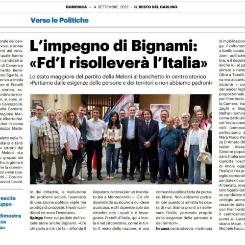 FRATELLI D’ITALIA IMOLA CON I CANDIDATI AL PARLAMENTO BIGNAMI, LISEI, BALBONI. VACCHI (FDI): CONTINUIAMO A CRESCERE PERCHÉ COERENTI