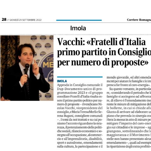 VACCHI: FRATELLI D’ITALIA IMOLA PRIMO GRUPPO POLITICO PER NUMERO DI PROPOSTE AL DOCUMENTO UNICO DI PROGRAMMAZIONE.