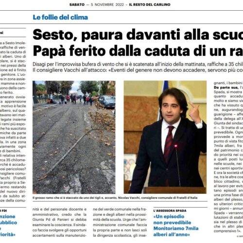 NICOLAS VACCHI (FDI): SESTO IMOLESE, CADONO I RAMI DEGLI ALBERI DELLA SCUOLA IN TESTA ALLA GENTE. TRAGEDIA SFIORATA? IL SINDACO PANIERI (PD) MANTENGA LE PROMESSE SULLA NUOVA SCUOLA