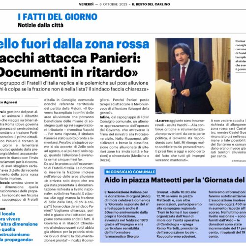 NICOLAS VACCHI (FDI): ALLUVIONE – ESCLUSIONE DI ZELLO NON È COLPA DEL GOVERNO.  MERITO DEL GOVERNO MELONI L’ALLARGAMENTO DEL PERIMETRO DELLE ZONE COLPITE DALL’ALLUVIONE, CHE OTTERRANNO BENEFICI