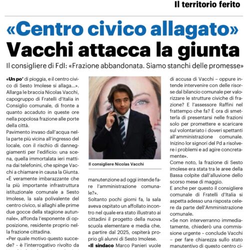 NICOLAS VACCHI (FDI): UN PO’ DI PIOGGIA E IL CENTRO CIVICO DI SESTO IMOLESE SI ALLAGA.