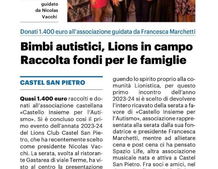 LIONS E LEO CLUB CASTEL SAN PIETRO TERME: PRESENTAZIONE DEL LIBRO DI CECILIA SCALABRINO E RACCOLTA FONDI A FAVORE DI “CASTELLO INSIEME PER L’AUTISMO” DONATI 1.400 EURO.