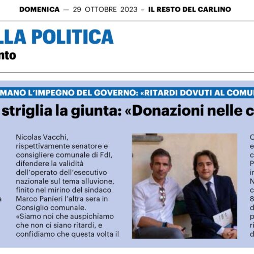 NICOLAS VACCHI (FDI): ALLUVIONE, IL GOVERNO STANZIA IN FRETTA RISORSE, IL COMUNE DI IMOLA TARDA ANCHE SULLE DONAZIONI DEI PRIVATI