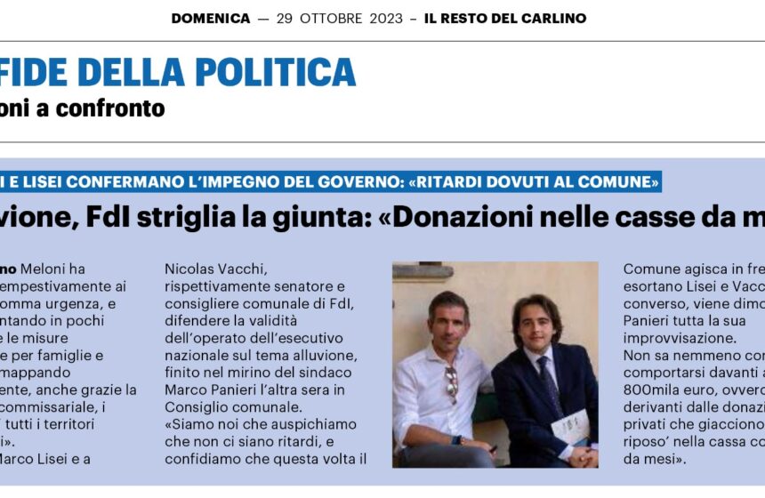 NICOLAS VACCHI (FDI): ALLUVIONE, IL GOVERNO STANZIA IN FRETTA RISORSE, IL COMUNE DI IMOLA TARDA ANCHE SULLE DONAZIONI DEI PRIVATI