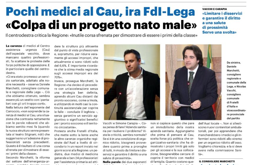 VACCHI-CARAPIA (FDI): SANITÀ, CAU SOTTO ORGANICO, PROGETTO NATO MALE?